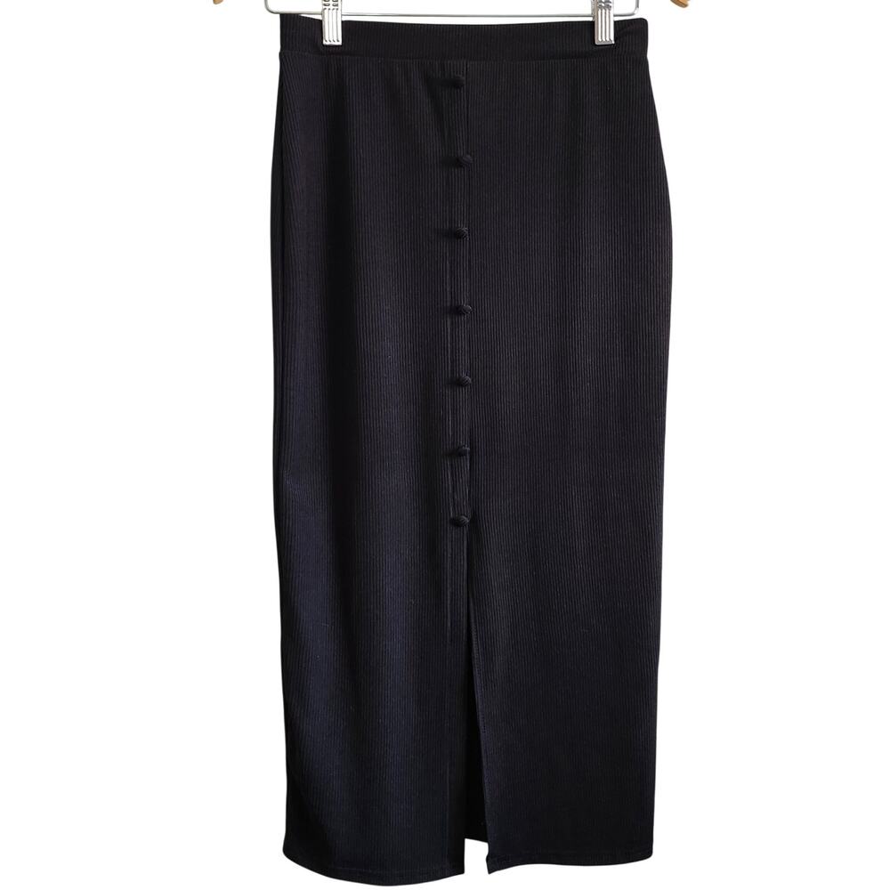 Miss Selfridge Black Ribbed Midi Skirt with Buttons Size 6